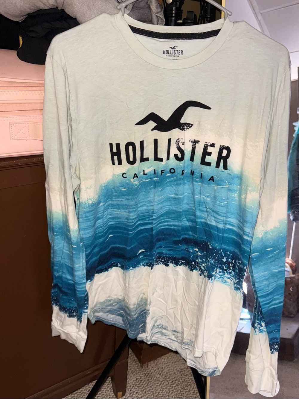 Hollister White & Blue Ocean Wave Long-Sleeve Tee